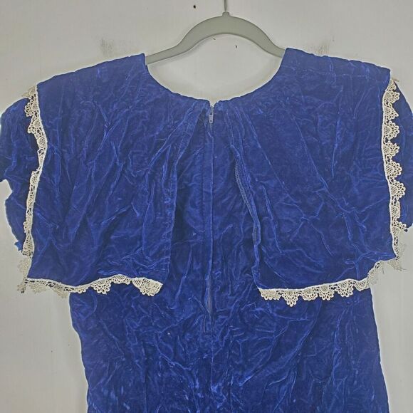 Gunne Sax Dress Velvet Vintage 80s Holiday Lace Trim Blue Draped Collar Girls 11 - Picture 6 of 11